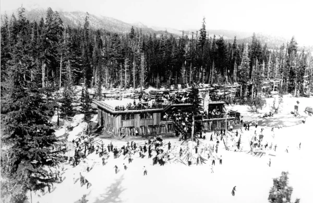 A black and white image of the Main Lodge in the 1950s when it was built